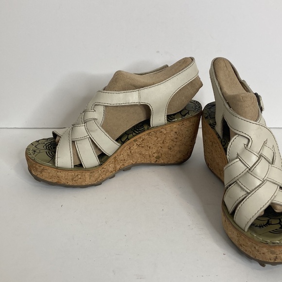 Fly London Shoes Womens 38 7.5 8 Cream Beige Leather Cork Wedge Platform Sandals - Picture 5 of 13